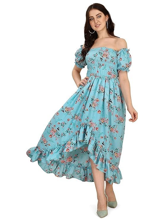 OOMPH! Flared Dress for Women Stylish | Long One Piece for Women | Off Shoulder Puff Sleeve Long Dress | Floral Print Maxi One Piece | Western & Fusion wear Bohemian Style Arctic Blue