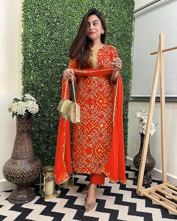 GoSriKi Women's Rayon Viscose Straight Bandhej Printed Kurta with Pant & Dupatta Orange