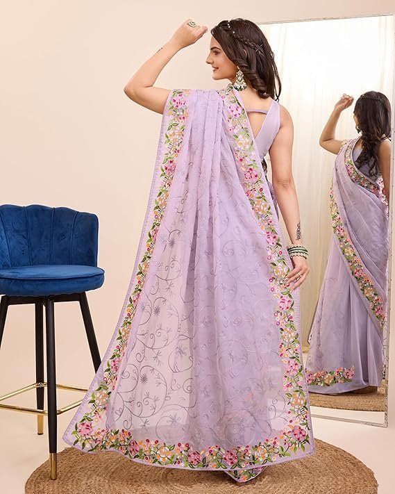 Ekasya Women Soft Organza Black Embroidery Saree (E6200_3) - Elegant Design, Intricate Embroidery, Lightweight, Perfect for Weddings, Parties, and Special Occasions, Stylish and Comfortable Fit Purple - Image 3