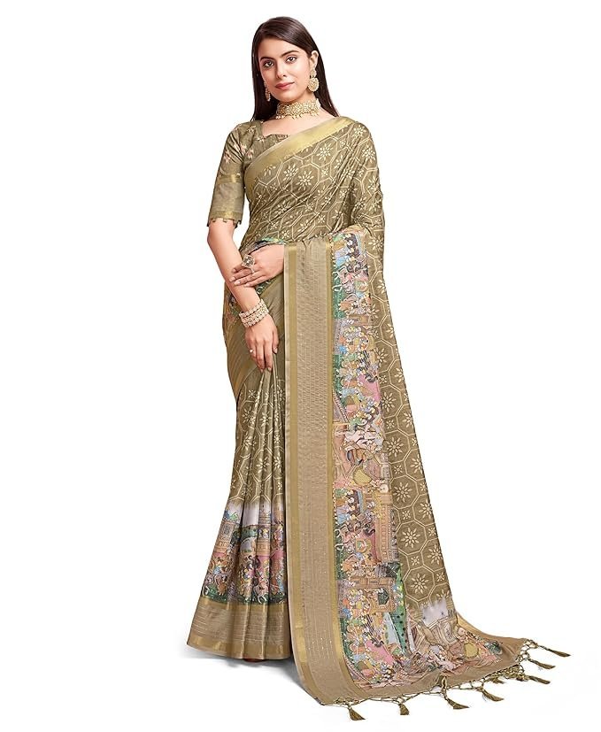 Rekha Maniyar Women's Pure Silk Kalamkari Printed Saree With Unstitched Blouse Mehndi