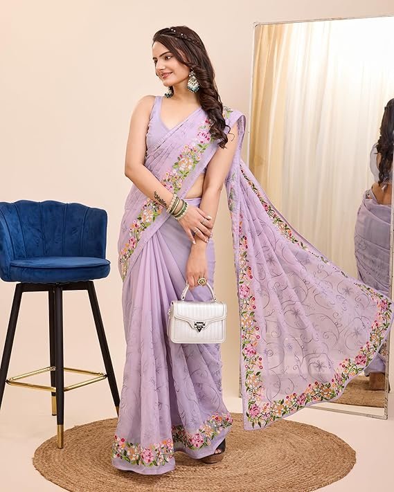 Ekasya Women Soft Organza Black Embroidery Saree (E6200_3) - Elegant Design, Intricate Embroidery, Lightweight, Perfect for Weddings, Parties, and Special Occasions, Stylish and Comfortable Fit Purple - Image 2