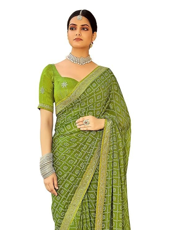 SIRIL Women's Bandhani Printed Embroidery Lace Georgette Saree with Unstitched Blouse Piece Olive Green