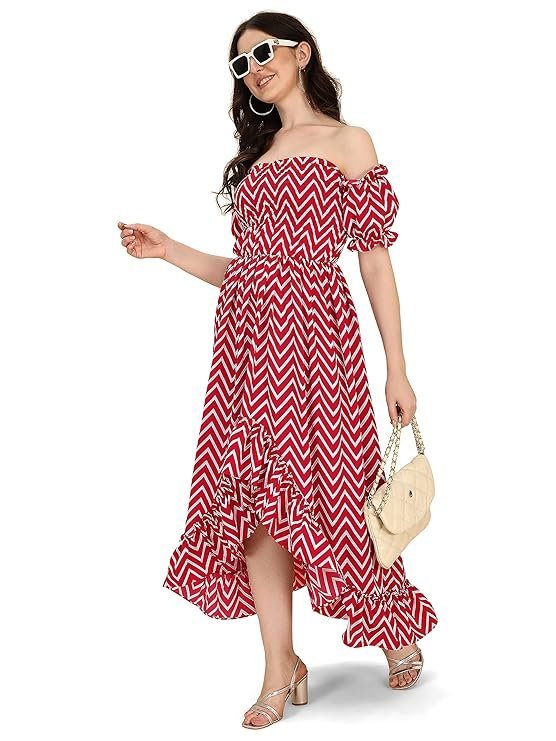 OOMPH! Flared Dress for Women Stylish | Long One Piece for Women | Off Shoulder Puff Sleeve Long Dress | Floral Print Maxi One Piece | Western & Fusion wear Bohemian Style Maroon