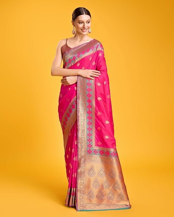 Monjolika Fashion Women's Elegant Banarasi Silk Saree with Intricate Zari Work with Rich Brocade Patterns and Unstitched Blouse Piece Rani Pink