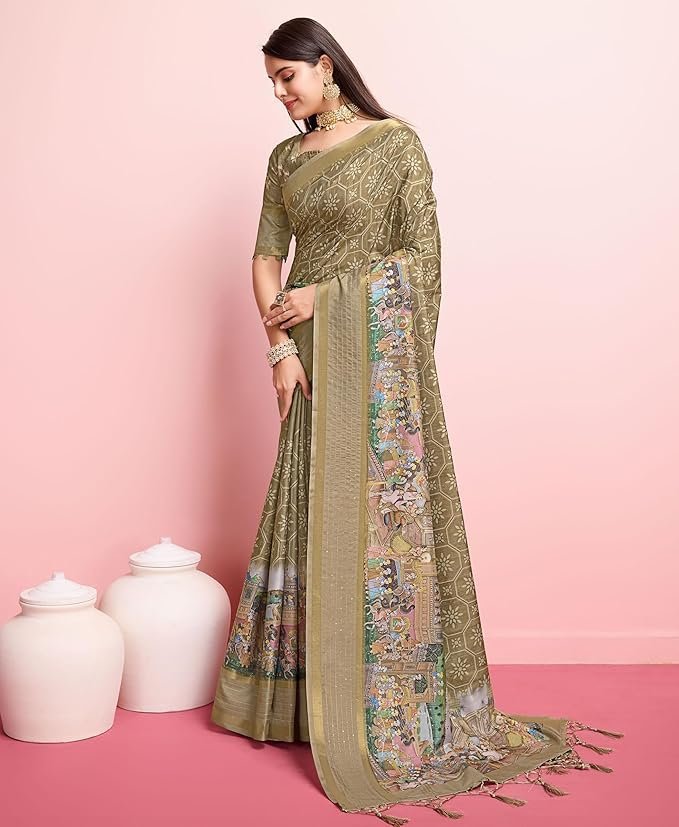Rekha Maniyar Women's Pure Silk Kalamkari Printed Saree With Unstitched Blouse Mehndi - Image 2