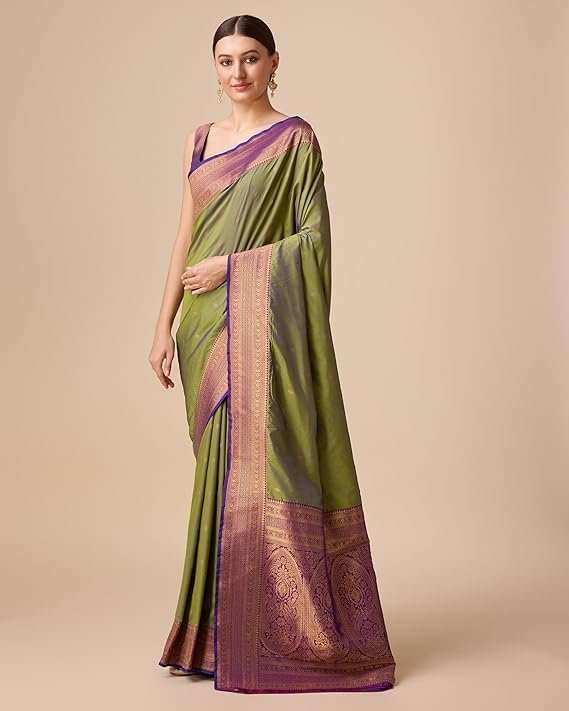 Monjolika Fashion Women's Elegant Banarasi Silk Saree with Intricate Zari Work with Rich Brocade Patterns and Unstitched Blouse Piece Olive Green