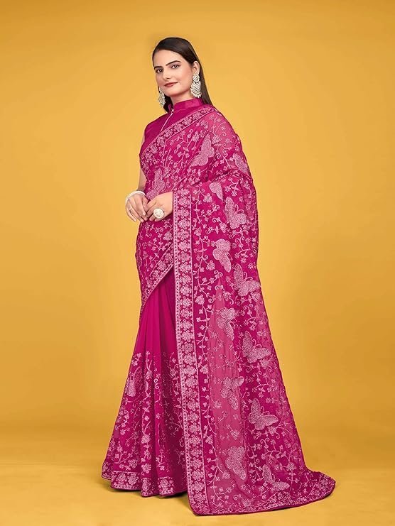 Manohari Most Trendy Embroidery Saree With Unstich Blouse Piece Pink