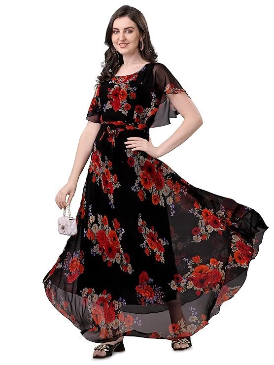 Fashion2wear Women's Georgette Floral Digital Print Short Sleeve Full-Length Fit & Flare Long Gown Dress for Girls (LN-X9TQ-MN1D) Black_Flower - Image 3