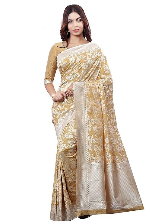 Glory Sarees Women's Banarasi Artificial Silk Saree With Blouse Piece Beige