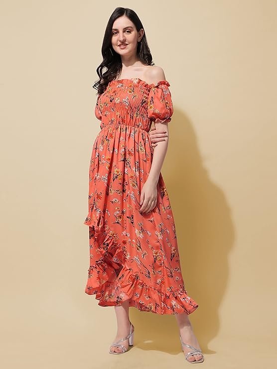 OOMPH! Flared Dress for Women Stylish | Long One Piece for Women | Off Shoulder Puff Sleeve Long Dress | Floral Print Maxi One Piece | Western & Fusion wear Bohemian Style Orange