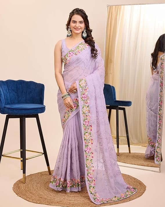 Ekasya Women Soft Organza Black Embroidery Saree (E6200_3) - Elegant Design, Intricate Embroidery, Lightweight, Perfect for Weddings, Parties, and Special Occasions, Stylish and Comfortable Fit Purple