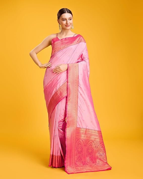 Monjolika Fashion Women's Elegant Banarasi Silk Saree with Intricate Zari Work with Rich Brocade Patterns and Unstitched Blouse Piece Light Pink