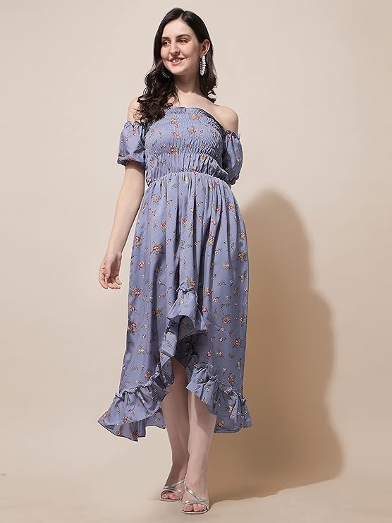 OOMPH! Flared Dress for Women Stylish | Long One Piece for Women | Off Shoulder Puff Sleeve Long Dress | Floral Print Maxi One Piece | Western & Fusion wear Bohemian Style Grey