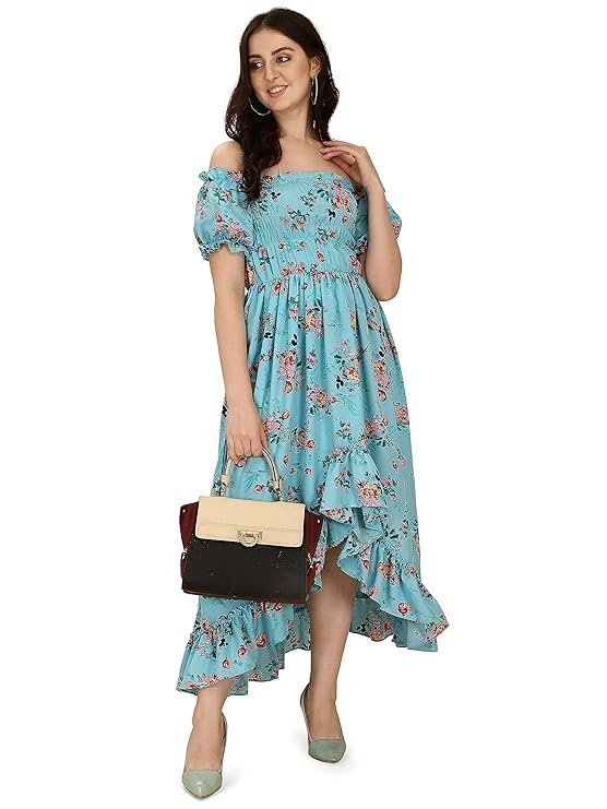 OOMPH! Flared Dress for Women Stylish | Long One Piece for Women | Off Shoulder Puff Sleeve Long Dress | Floral Print Maxi One Piece | Western & Fusion wear Bohemian Style Arctic Blue - Image 2