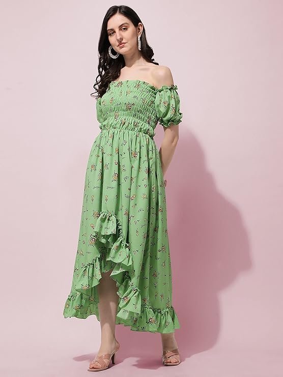 OOMPH! Flared Dress for Women Stylish | Long One Piece for Women | Off Shoulder Puff Sleeve Long Dress | Floral Print Maxi One Piece | Western & Fusion wear Bohemian Style Mint Green