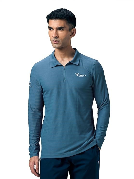TECHNOSPORT Men Polyester Slim Fit Full Sleeve Solid Polo T-Shirt for Gym, Workout, Sports and Regular Use with SPF50+ and Quick Dry