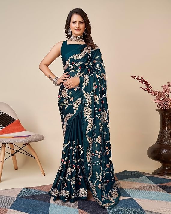 VAIRAGEE Women Beautiful soft Silk Embroidery Work Saree with blouse piece(6093)