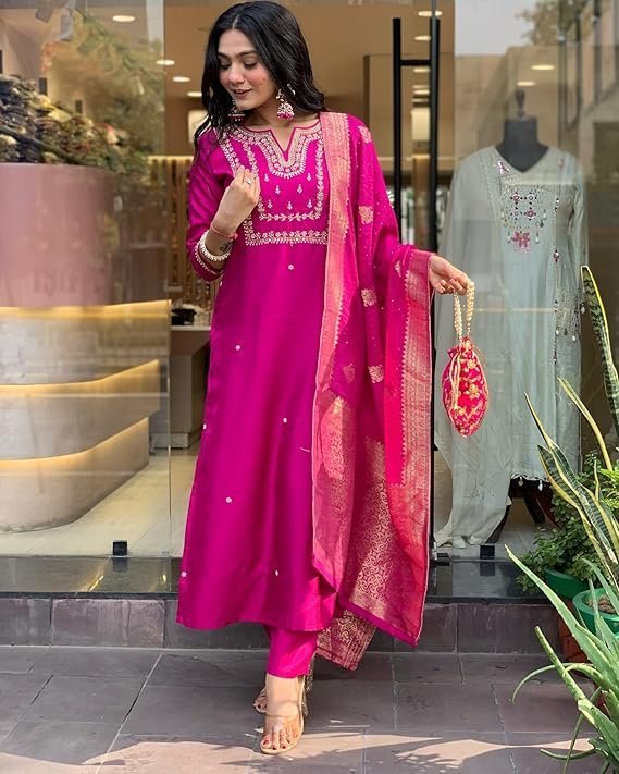 GoSriKi Women's Silk Blend Straight Embroidered Kurta with Pant & Dupatta Pink