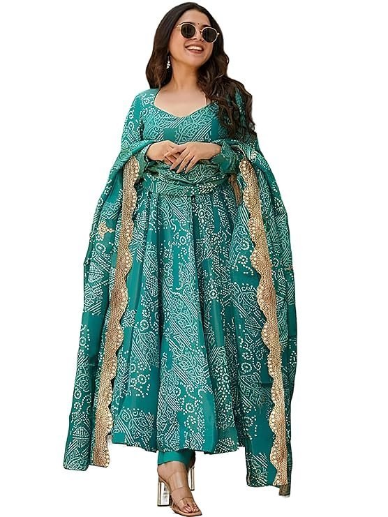 Pinkmint Women's Bandhani Print Flared Anarkali Muslin Kurta Set with Pant & Stylish Dupatta Ethnic Long Sleeve Dress Suit Set Teal Green