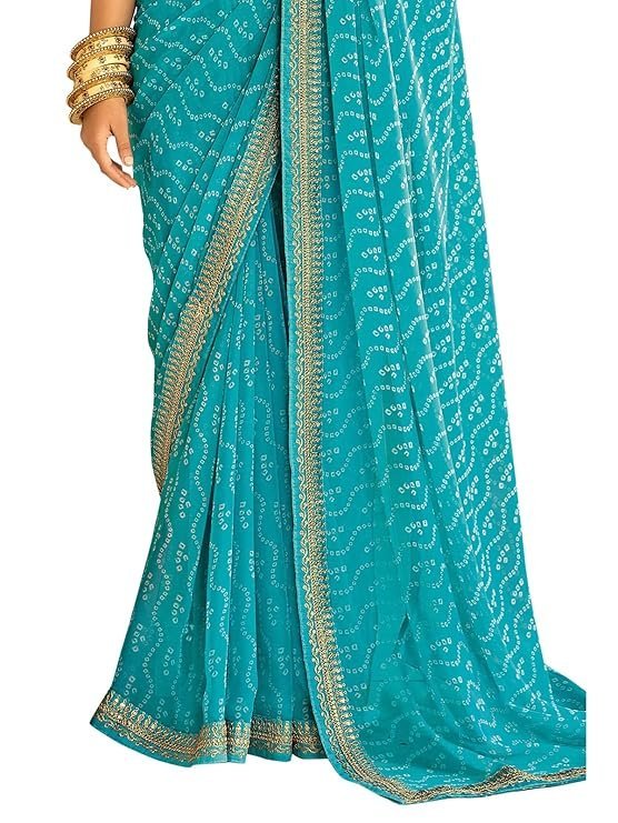 SIRIL Women's Bandhani Printed Embroidery Lace Georgette Saree with Unstitched Blouse Piece Sky Blue - Image 2