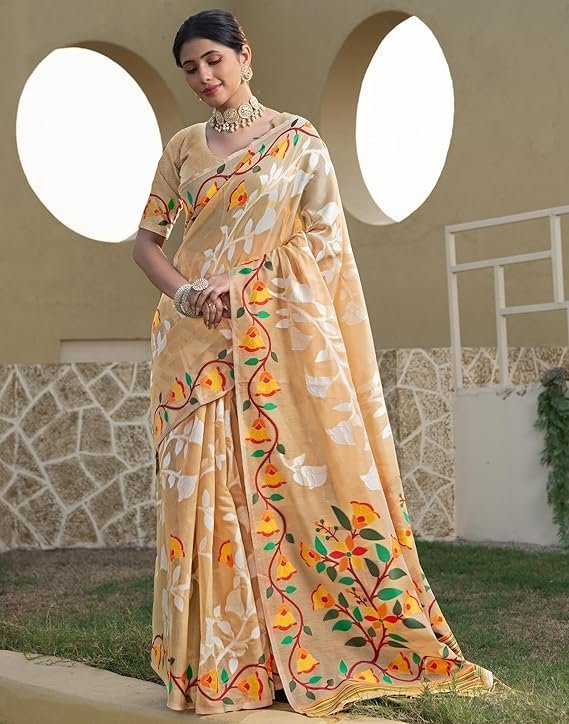 SIRIL Women's Cotton Jacquard Saree With Unstitched Blouse Piece Light Beige - Image 2