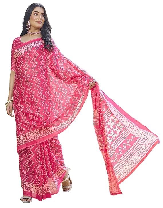 SIRIL Women's Cotton Printed Ready To Wear One Minute Saree With Unstitched Blouse Pink