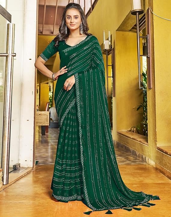 SIRIL Women's Chiffon Hot Fixing Stone Work Saree With Unstitched Blouse Piece Dark Green