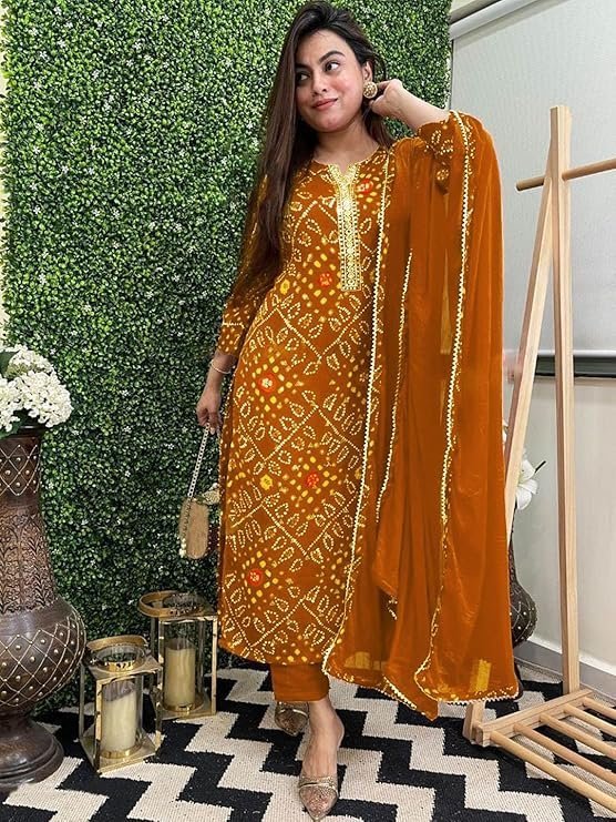 GoSriKi Women's Rayon Viscose Straight Bandhej Printed Kurta with Pant & Dupatta Mustard