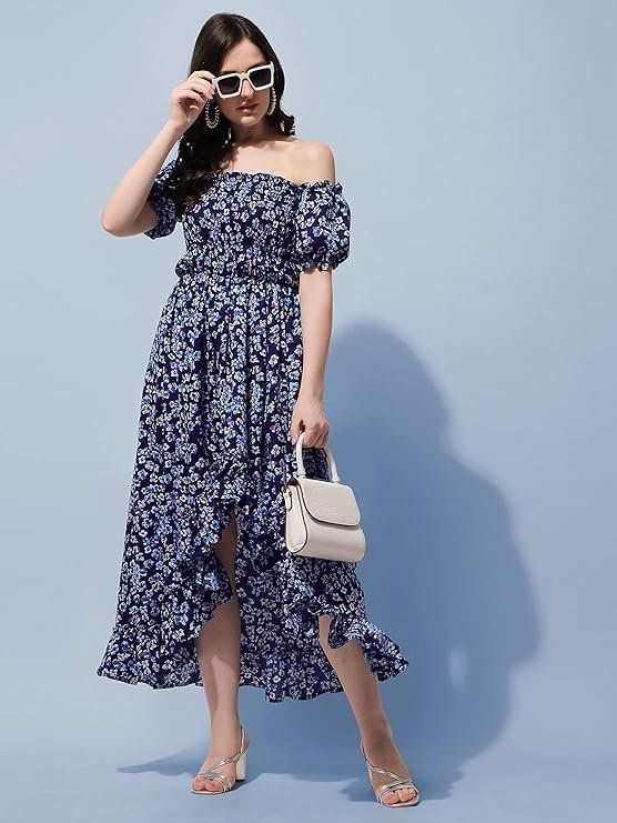 OOMPH! Flared Dress for Women Stylish | Long One Piece for Women | Off Shoulder Puff Sleeve Long Dress | Floral Print Maxi One Piece | Western & Fusion wear Bohemian Style Blue - Image 3