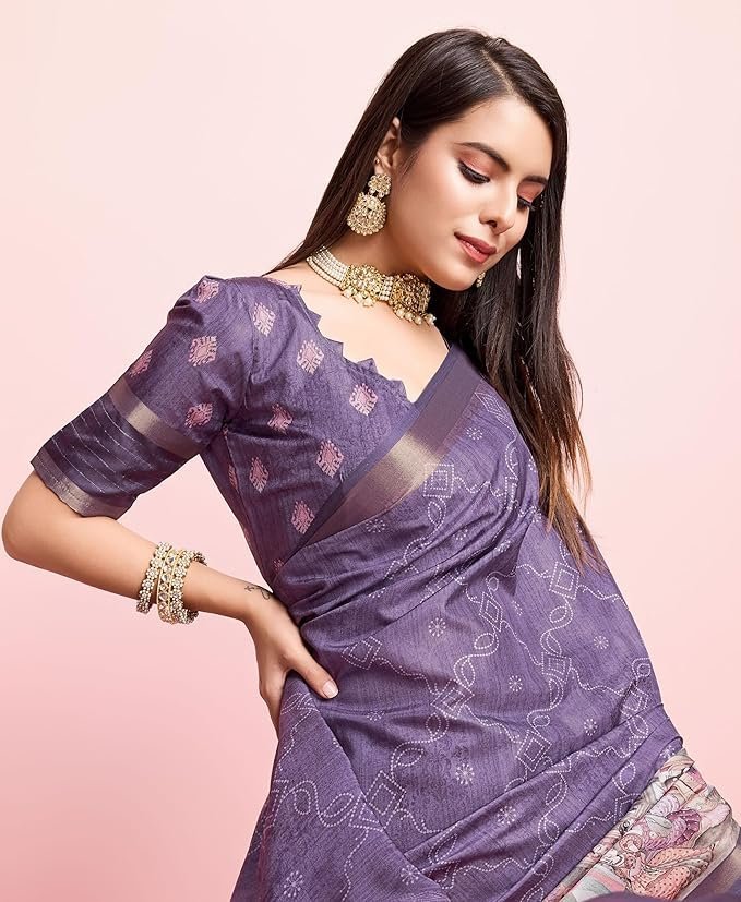 Rekha Maniyar Women's Pure Silk Kalamkari Printed Saree With Unstitched Blouse Purple - Image 2