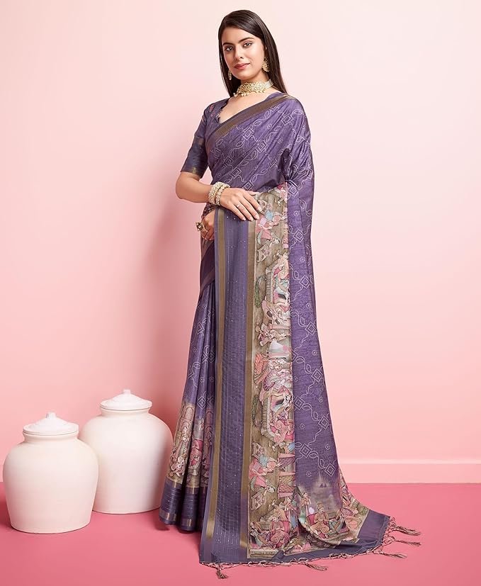 Rekha Maniyar Women's Pure Silk Kalamkari Printed Saree With Unstitched Blouse Purple
