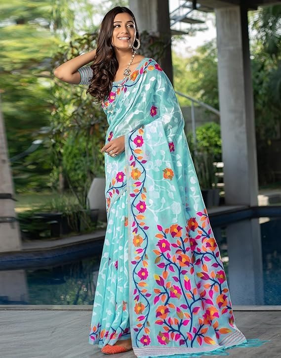 SIRIL Women's Cotton Jacquard Saree With Unstitched Blouse Piece Sky Blue