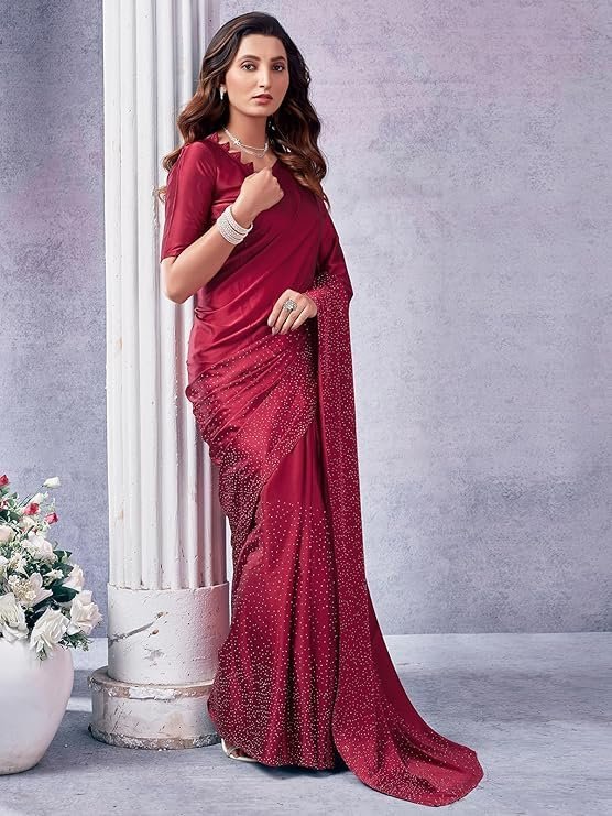 Satrani Women's Satin Silk Hot Fixing Saree with Unstitched Blouse Piece Maroon - Image 2