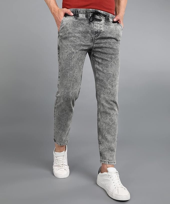 Urbano Fashion Men Mid Rise Regular Fit Washed Jogger Jeans Stretchable Light Grey - Image 2
