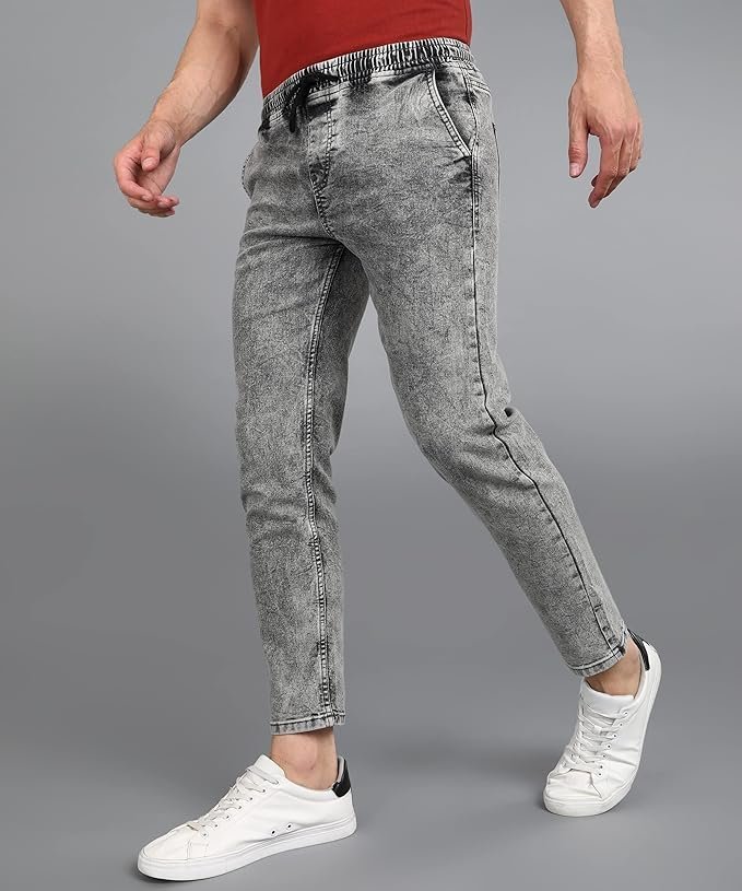 Urbano Fashion Men Mid Rise Regular Fit Washed Jogger Jeans Stretchable Light Grey - Image 3