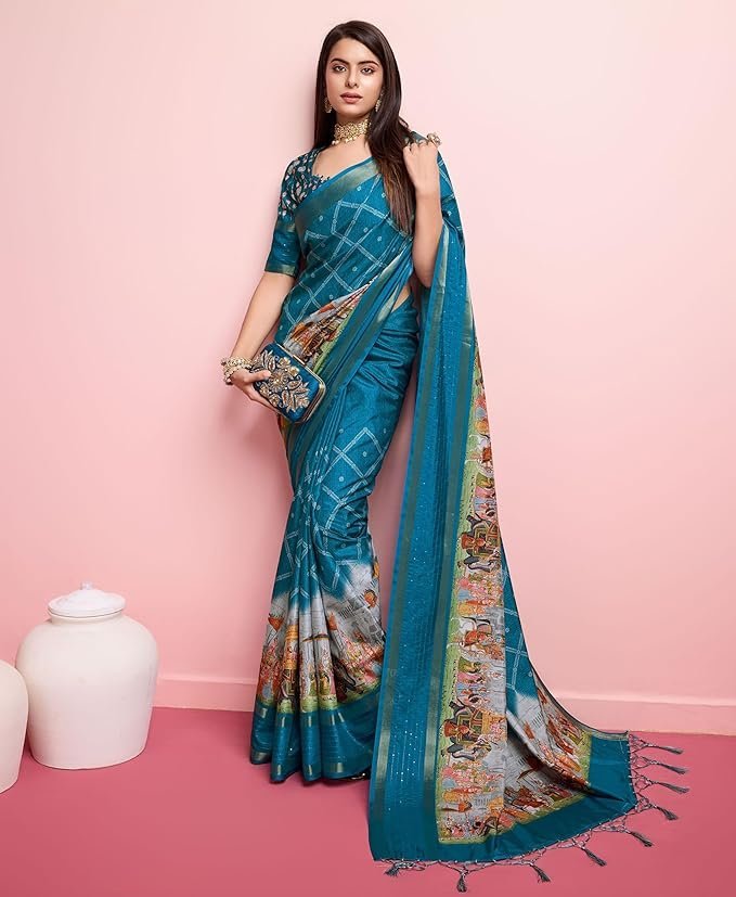 Rekha Maniyar Women's Pure Silk Kalamkari Printed Saree With Unstitched Blouse Teal