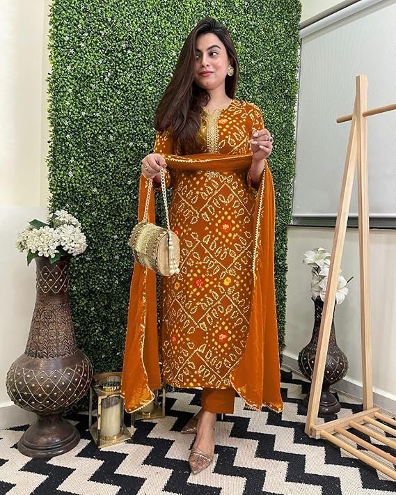 GoSriKi Women's Rayon Viscose Straight Bandhej Printed Kurta with Pant & Dupatta Mustard - Image 3