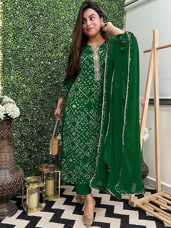 GoSriKi Women's Rayon Viscose Straight Bandhej Printed Kurta with Pant & Dupatta Green