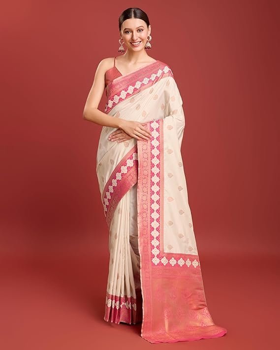 Monjolika Fashion Women's Elegant Banarasi Silk Saree with Intricate Zari Work with Rich Brocade Patterns and Unstitched Blouse Piece Cream