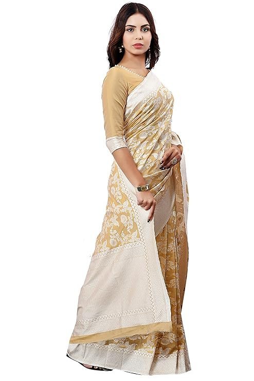 Glory Sarees Women's Banarasi Artificial Silk Saree With Blouse Piece Beige - Image 3