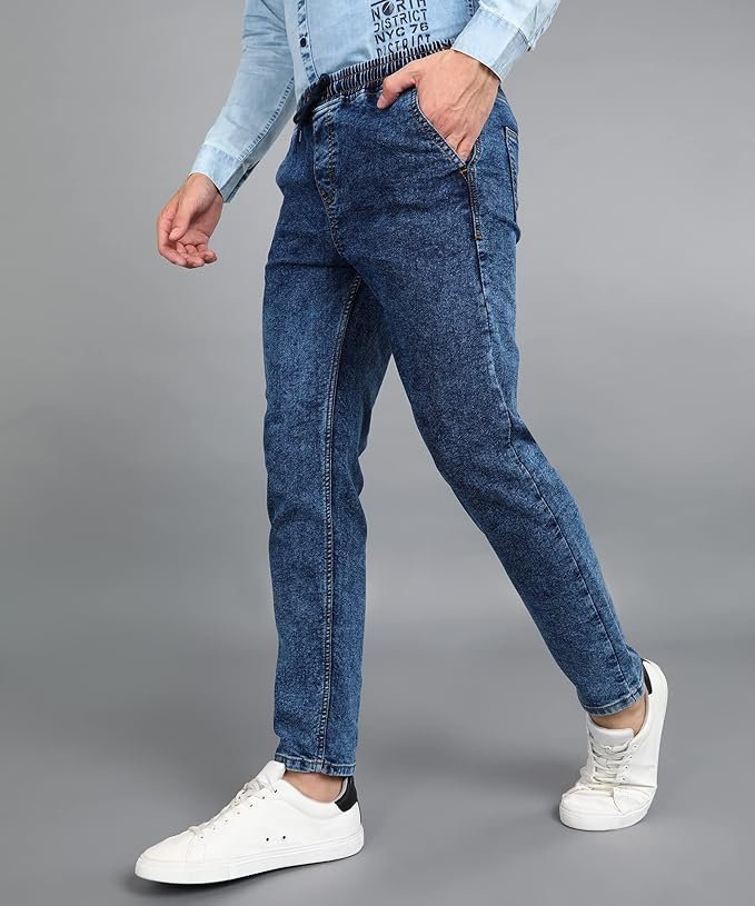 Urbano Fashion Men Mid Rise Regular Fit Washed Jogger Jeans Stretchable Dark Blue - Image 2