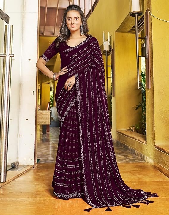 SIRIL Women's Chiffon Hot Fixing Stone Work Saree With Unstitched Blouse Wine - Image 2