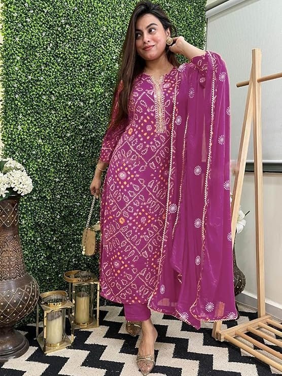 GoSriKi Women's Rayon Viscose Straight Bandhej Printed Kurta with Pant & Dupatta Purple