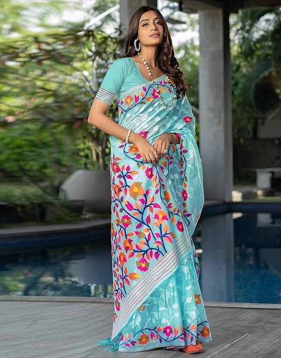SIRIL Women's Cotton Jacquard Saree With Unstitched Blouse Piece Sky Blue - Image 3