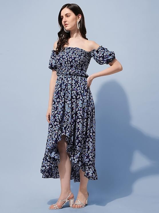 OOMPH! Flared Dress for Women Stylish | Long One Piece for Women | Off Shoulder Puff Sleeve Long Dress | Floral Print Maxi One Piece | Western & Fusion wear Bohemian Style Blue - Image 2