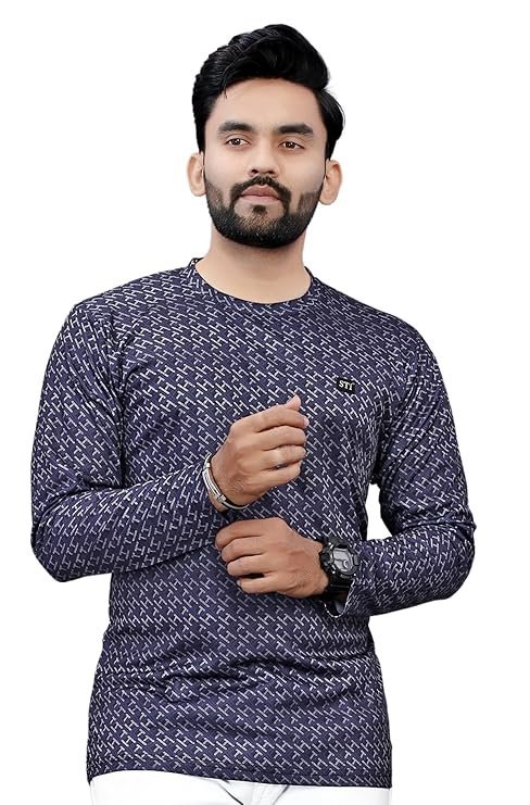 Men's Geometric Pattern Full Sleeve T-Shirt, Round Neck, Navy Blue