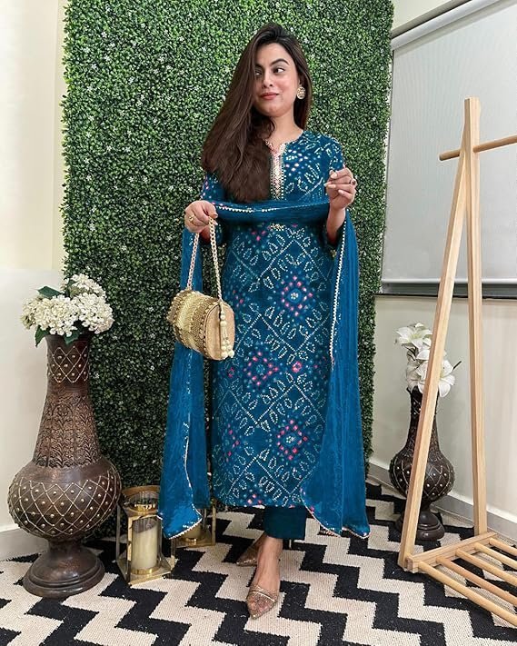 GoSriKi Women's Rayon Viscose Straight Bandhej Printed Kurta with Pant & Dupatta Dark Blue