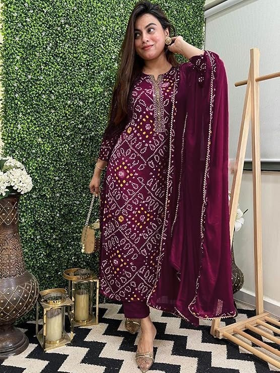GoSriKi Women's Rayon Viscose Straight Bandhej Printed Kurta with Pant & Dupatta Wine