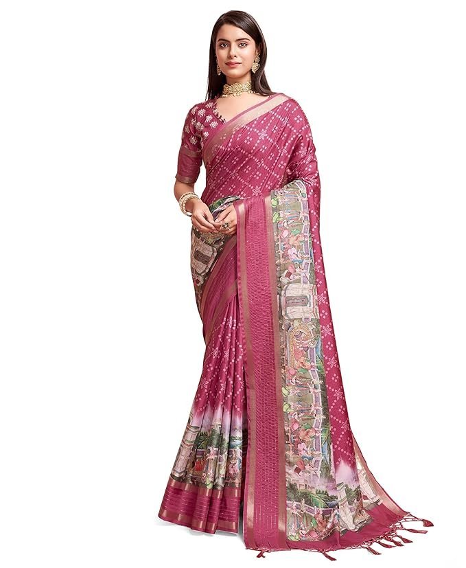 Rekha Maniyar Women's Pure Silk Kalamkari Printed Saree With Unstitched Blouse Pink