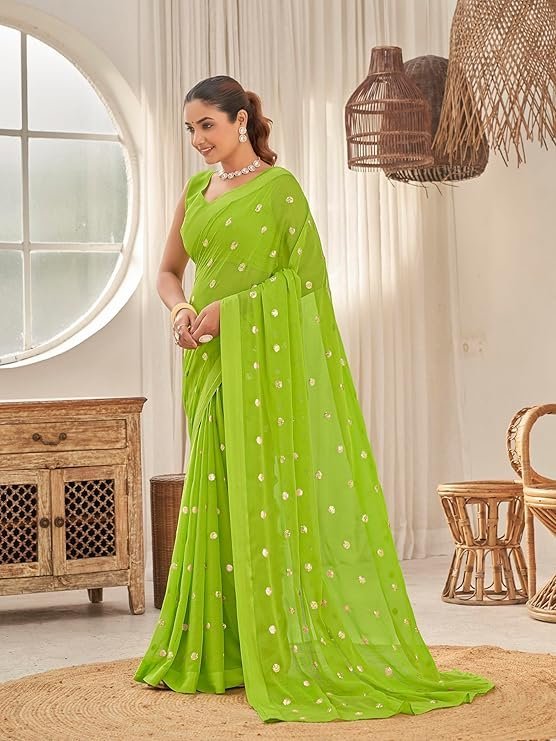 Manohari Most Trendy Embroidery Saree With Unstich Blouse Piece Green - Image 2